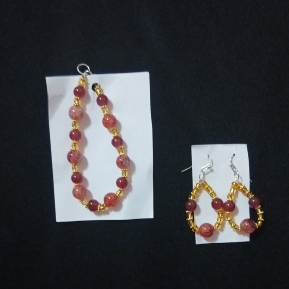 Elegant Handmade Gold and Red Beaded Jewelry Set